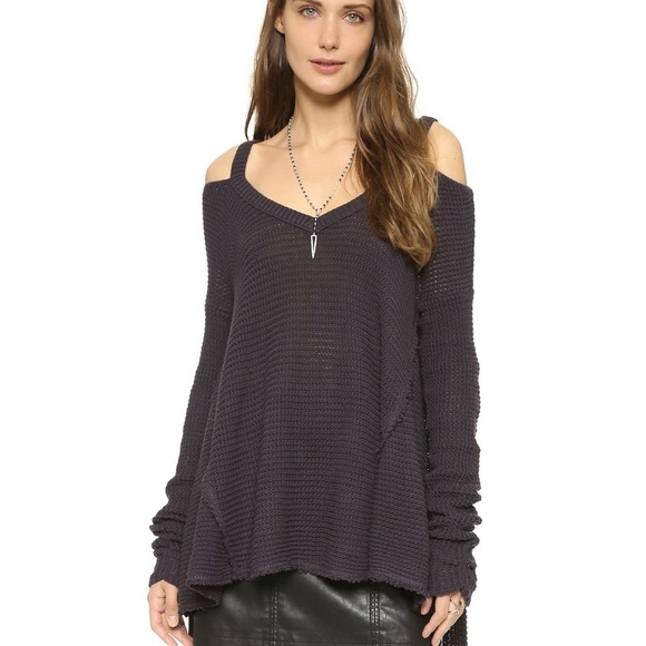 Free People Moonshine Dark Gray V-Neck Cold Shoulder A-Line Knit Sweater - M / L - Picture 2 of 15